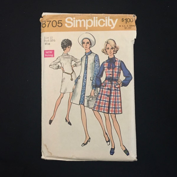 1970 Size 10 SLEEVELESS COAT & DRESS Pattern, Simplicity 8705; Long-Sleeved Dress, Bias Roll Collar with Bow Tie; Sleeveless Coat