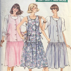 1988 Sizes 14-16 MATERNITY, Butterick 6348, Fast & Easy DRESS, JUMPER and Top Pattern; Drop Waist, Dirndl Skirt, Front Buttons