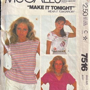 May include: Vintage McCall's sewing pattern envelope featuring three women modeling different tops. The envelope is torn and shows the text "MAKE IT TONIGHT" and "WEAR IT TOMORROW!" The pattern number is 7516.