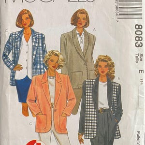 May include: McCall's sewing pattern for a jacket, featuring illustrations of different jacket styles. The pattern includes the text "4 Hour Jacket" and "La Veste en 4 Heures". The pattern number is 8083, size E (14).