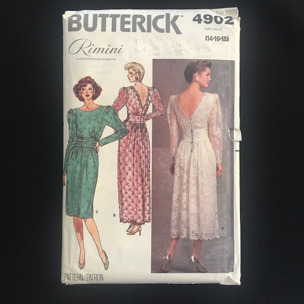 1987 Sizes 14-16-18 FORMAL Party DRESS Pattern, UNCUT Butterick 4902; Cocktail, Tea or Evening Length; Nice Design for Lace; A Rimini Design