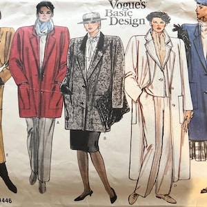 May include: Vogue's Basic Design pattern 1446. Illustration of five women in coats and suits. The coats are in various colors, including tan, red, and blue. The illustration is on a cream-colored background.