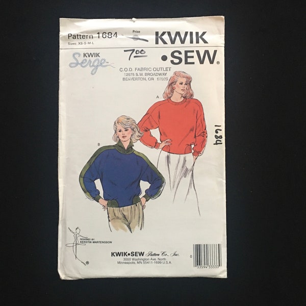 1987 Sizes Xs-S-M-L TOP Pattern; Kwik Sew Pattern 1684; Unopened and Uncut. Designed for Stretch Knits Only