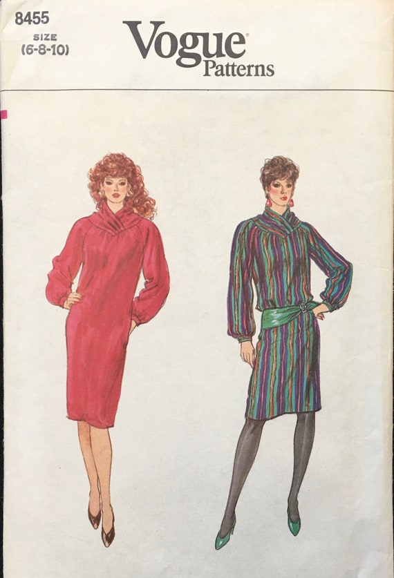 1980s Sizes 6-8-10, Vogue 8455, Loose Fitting Pullover Dress Pattern;  Straight With Standing, Shaped Pleated Collar - Etsy