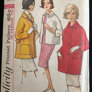May include: Vintage Simplicity sewing pattern featuring three coat designs. The pattern includes a yellow coat, a white jacket, and a red coat. The pattern is for Misses size 14, with a 34-inch bust. The price is 65c in the US and 75c in Canada.