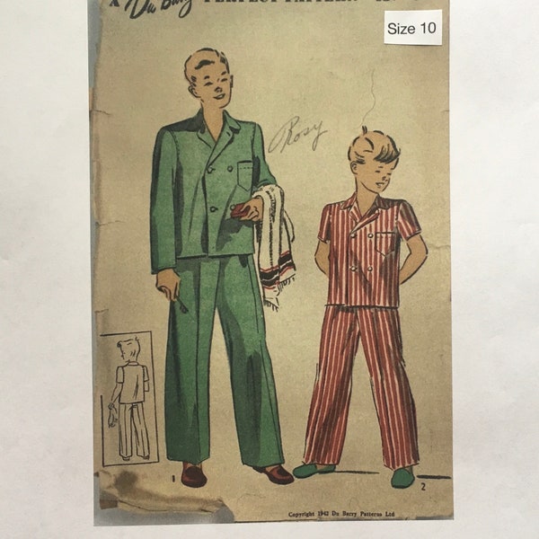 Size 10 1942 BOYS PAJAMAS Pattern, DuBarry 5499; Original 1940s Children's Pattern, Unprinted