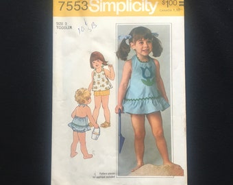 Size 2 TODDLER Halter Dress, Top, Shorts, Bloomers Pattern from 1976, Includes Floral Appliqué, Simplicity 7553; Complete