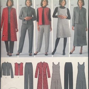 May include: A sewing pattern for a wardrobe of clothing. The pattern includes a long red coat, a gray jacket, a red vest, a black and white dress, a gray skirt, a gray jacket, a red top, a pair of gray pants, a red long-sleeved shirt, a black and white dress, a pair of black pants, and a gray skirt. The pattern is for sizes 10, 12, 14, 16, and 18.