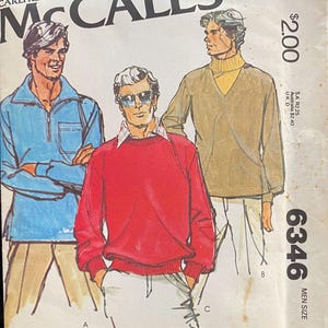 1978 Size 38-40, UNCUT McCall&#39;s 6346, MEN&#39;S Medium Shirt Pattern; For Stretch Knit Only; Pullover Shirts with Neckline Variations