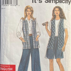 May include: A sewing pattern for a vest and pants. The pattern is for sizes XS, S, and M. The pattern includes instructions in English, French, and Spanish. It's SO EASY it's Simplicity.