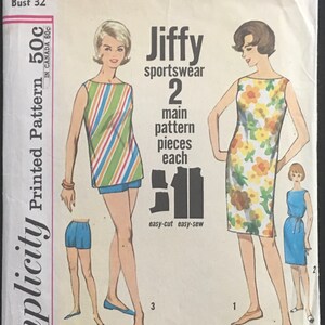 May include: Vintage Simplicity sewing pattern number 4441 for a sleeveless dress and shorts. The pattern is for size 12 with a bust measurement of 32 inches. The pattern is titled "Jiffy sportswear" and includes two main pattern pieces. The pattern is easy-cut and easy-sew.