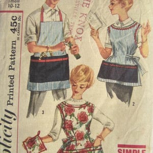 May include: Vintage Simplicity sewing pattern 3206, featuring apron designs. The image shows three apron styles: striped, floral, and solid. The text includes "Simple to Make" and "The Knox Knoxville, Tenn."