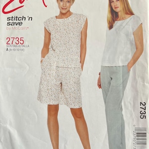 May include: Sewing pattern for a women's top and pants. The pattern is for sizes 8-10-12-14. The pattern is called "Easy stitch 'n save" by McCall's. The pattern number is 2735.