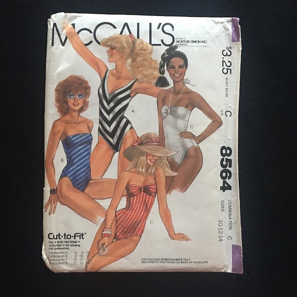 1983 Sizes 10-12-14 SWIMSUIT PATTERN, UNCUT McCall's 8564; Bust Sizes 32-1/2" - 36", For Stretch Knits Only