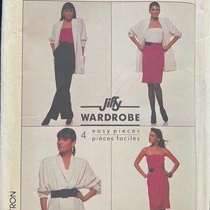 May include: Simplicity Jiffy Wardrobe sewing pattern featuring four easy pieces. The pattern includes a jacket, skirt, and pants. The models are wearing the garments in various colors, including black, pink, and white. The pattern is size 12.