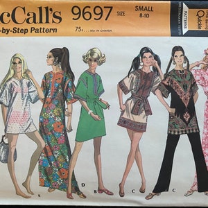 May include: A vintage McCall's sewing pattern for a misses' dress in four lengths. The pattern is number 9697 and is for size 8-10. The pattern is titled "Quickie" and is dressmaker tested. The pattern features a colorful floral print and a green dress with a belt.