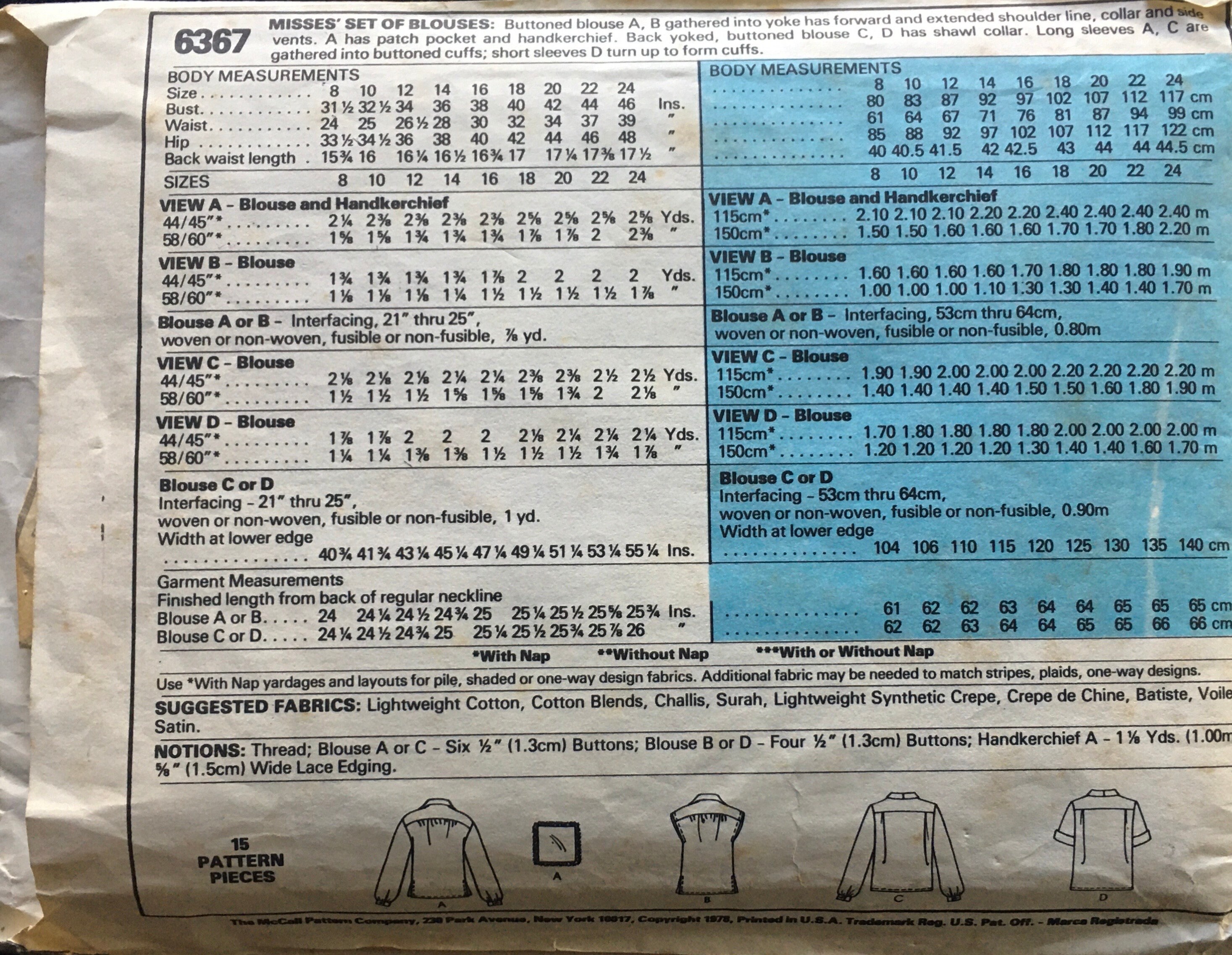 1978 Size 10, Mccall's 6367, SHIRT/BLOUSE, Buttoned Fronts, Collars ...