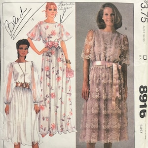 1984 Size 16, McCall&#39;s 8916; Formal Party Dress, Pullover GOWN, Full Skirt, Ankle or Below Knee Length, Long or Short Sleeves