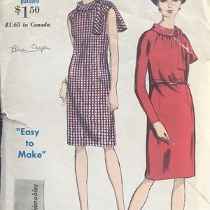 1960s Size 16, VOGUE 6611; Cute 60s Shift Dress, Tube Collar, Long Sleeves or Sleeveless