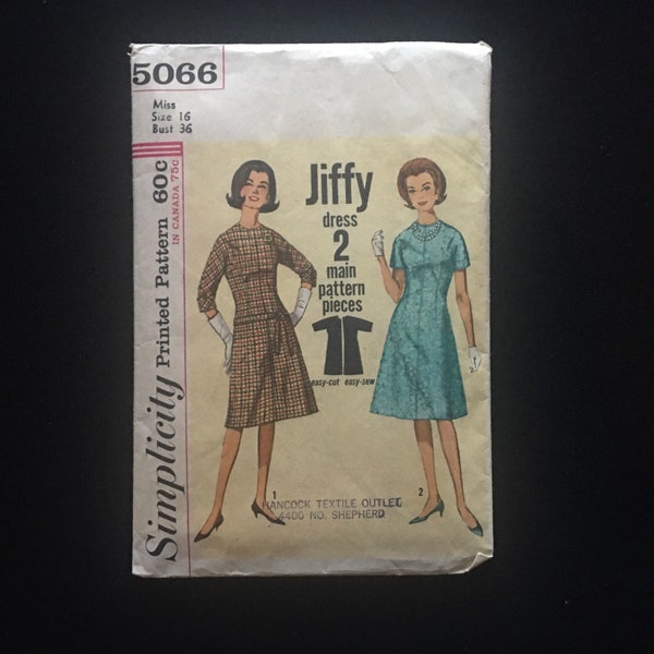 1960s Size 16 DRESS PATTERN; Jiffy Simplicity 5066; Simple-to-Make A-Line Dress