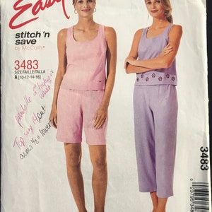 May include: A sewing pattern for a sleeveless top and shorts or pants. The pattern is for sizes 10-12-14-16. The pattern is from McCall's Easy Stitch 'n Save line. The pattern number is 3483.