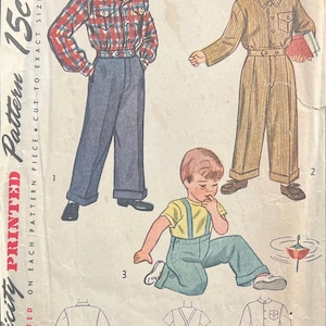 May include: Vintage Simplicity pattern 1731 for children's clothing. The illustration shows three different outfits: a plaid shirt and pants, a collared shirt and pants, and overalls with a yellow shirt. Size 4.
