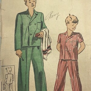 May include: A vintage sewing pattern for boys' pajamas. The pattern is for size 10 and features two boys wearing pajamas. One boy is wearing green pajamas with a white towel and the other boy is wearing red and white striped pajamas. The pattern is from Du Barry Patterns Ltd. and is copyrighted 1942.