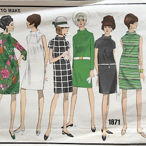 1995 Size 10, UNCUT Vogue 1871, &quot;Vogue&#39;s Basic Design&quot;, Straight Dress with Stand-up Neckline, Easy to Make
