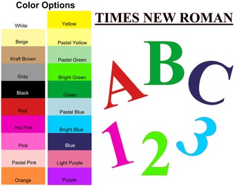 Your Choice of Paper Letters and Numbers - Many Colors and Sizes - Times New Roman Alphabet and Number Die Cut Shapes