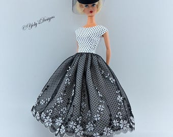 OOAK HANDMADE 2 Stk 1 Doppel Rock Kleid + 1 Pillbox Tule Hut PASST Barbie Vintage Seidenstein Reproduktion und ähnliche 11,5 zoll Puppe