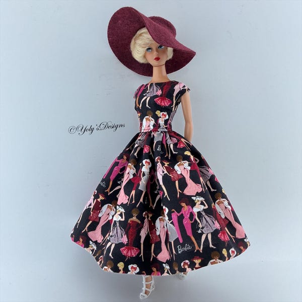Handmade Barbie Collection Dress and Hat Set for 11.5" For Barbie Silkstone, Vintage Reproduction Dolls