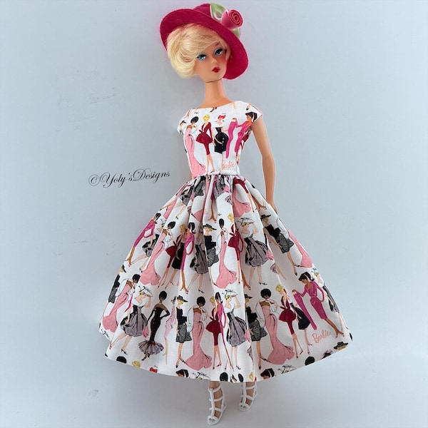 Handmade Barbie Collection Dress and Hat Set for 11.5" For Barbie Silkstone, Vintage Reproduction Dolls