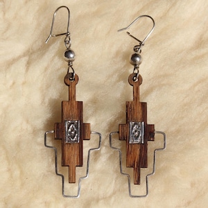 Chacana Earrings | Wood & Silver Ear Pendants | Inca Cross jewelry