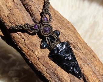 Black Obsidian Macrame Necklace with Amethyst | Dragon Glass | Brown Macrame unisex