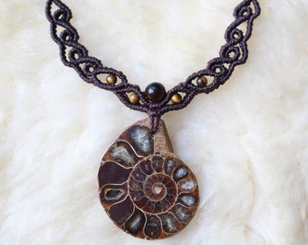 Ammonite Dark Brown Macramee Necklace with Tigers Eye | Real Petrified Fossil and Gemstone Collier