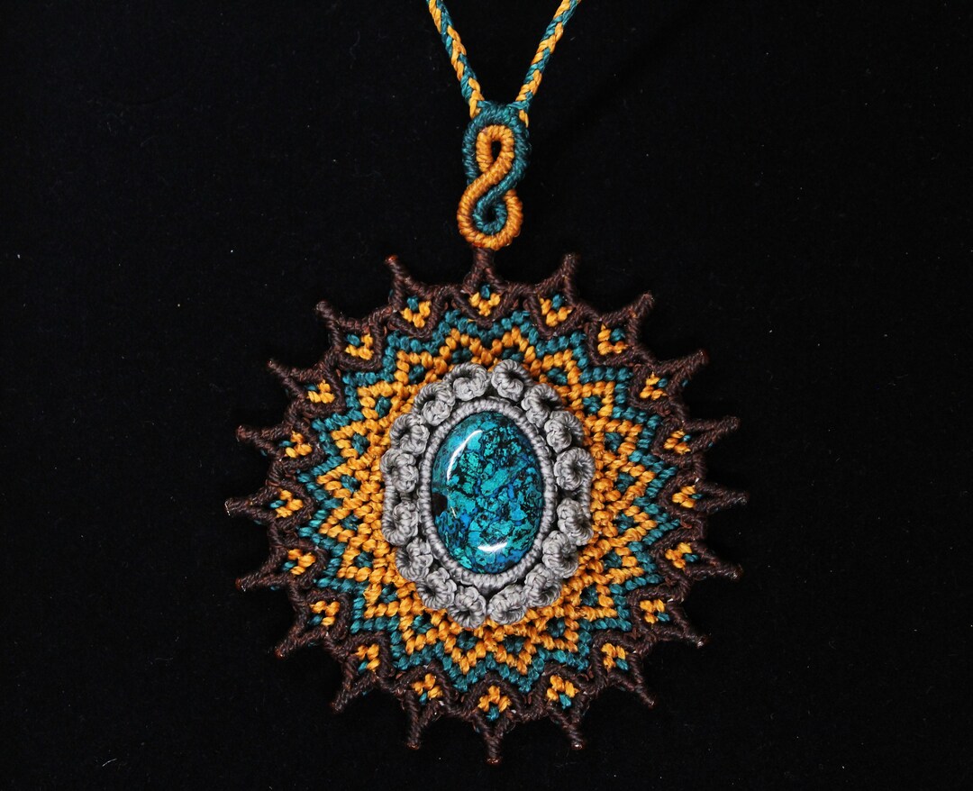 Psychedelic Macrame Psychedelic Mandala Macrame Necklace | Colorful Chrysocolla Collier - Etsy