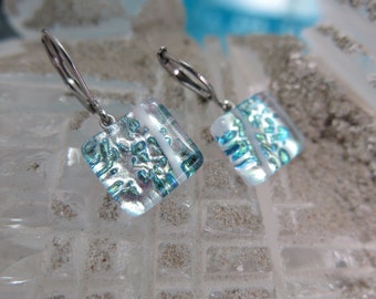 Stainless steel fusion glass square earrings - Stainless earrings -