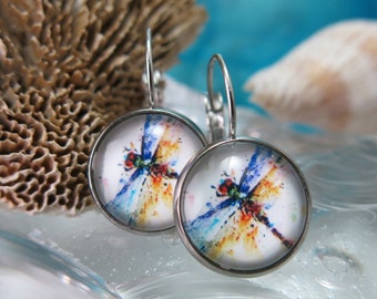 Earrings small dragonfly, glass cabochon, stainless steel sleeper.  Earring - Hypoallergenic.