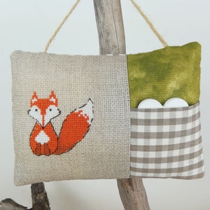 Fox small pillow, cross stitch home decor to hang, embroidered cushion with scented chalk, country style decor, cross stitch gift