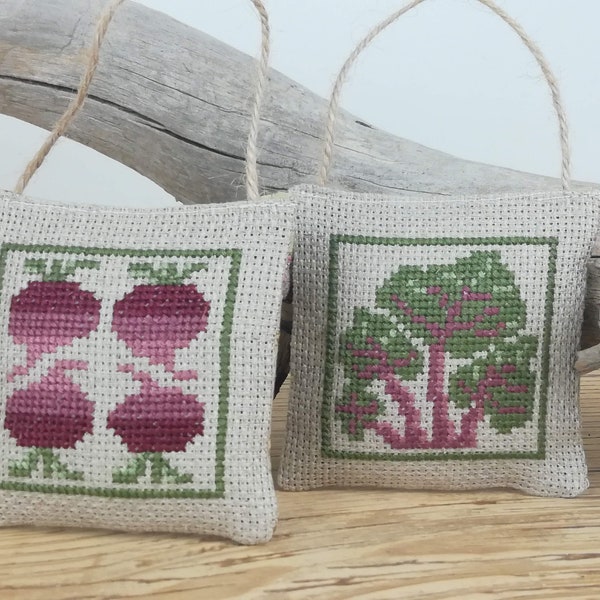 cross stitch small pillow, embroidered ornaments, botanical hanging cushion,turnips and beets cross stitch ornament, bowl filler