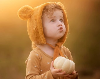 Honey Bear Hat/Baby Bonnet/Pooh Bear Bonnet/Winter hat/Faux Fur/100% cotton