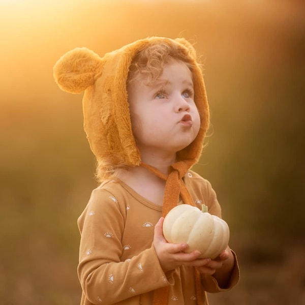 Honey Bear Hat/Baby Bonnet/Pooh Bear Bonnet/Winter hat/Faux Fur/100% cotton