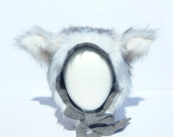White wolf Hat/Baby Bonnet/Wolf Bonnet/fluffy hat/Faux Fur/100% cotton