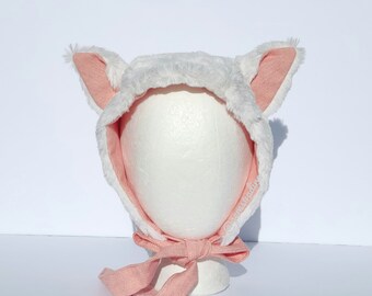 RTS: Cream Kitty Hat/Baby Bonnet/Cream Kitty Bonnet/Cream hat/Faux Fur/100% cotton