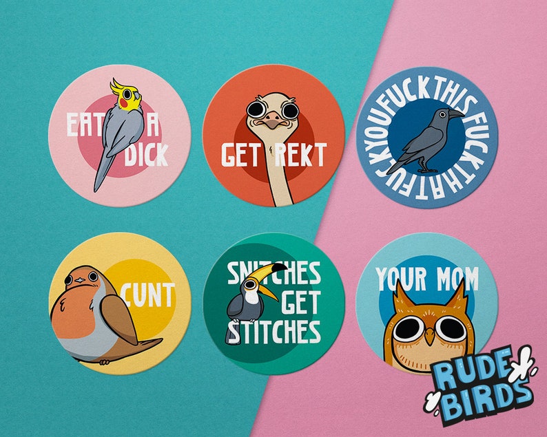 Rude Birds Round Die Cut Vinyl Sticker 6x6cm Set A Etsy