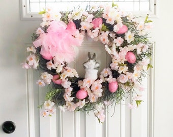 Easter Bunny Wreath: Pink Blossoms, Speckled Eggs, Spring Door Decor