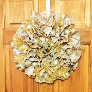 Christmas Deco Mesh Wreath, Holiday Wreath, Gold Deco Mesh Wreath, Gold Christmas Wreath, Front Door Wreath, Ribbon Wreath, Deco Mesh Wreath