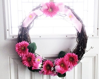 Pink Daisy Wreath, Rustic Wreath, Summer Wreath, Front Door Wreath, Grapevine Wreath, Housewarming Gift, Farmhouse Wreath, Pink Wreath