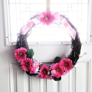 Pink Daisy Wreath, Rustic Wreath, Summer Wreath, Front Door Wreath, Grapevine Wreath, Housewarming Gift, Farmhouse Wreath, Pink Wreath