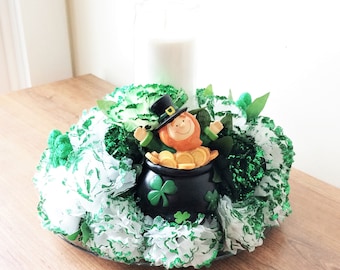 Leprechaun Centerpiece, Floral Table Centerpiece, St. Patrick&#39;s Day Decor, Irish Table Centerpiece, Silk Floral Arrangement, Candle Decor